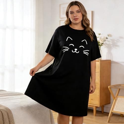 BLANCHES Plus Size Nightgowns for Women Sleeping Night Shirts Short Sleeve Sleep Shirt Printed Sleepwear Loungewear Soft Print Nightshirts A-black - Thumbnail 5