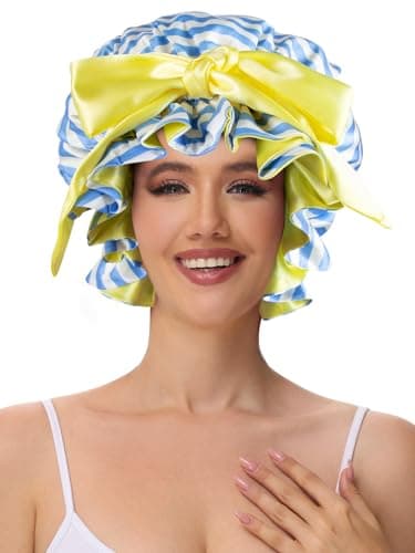 Vettres Silk Bonnet, Satin Hair Shower Cap for Sleeping Women 2026 Tie Band Adjustable Straps Head Wrap for Curly Hair Blue Stripe F - Thumbnail 3