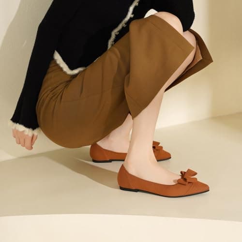 AHZEHRSE Women's Flats Pointed Toe Ballet Flat Classic Dressy Comfortable Slip On Bow Knit Shoes Brown - Thumbnail 2