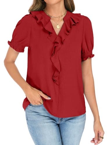Funlingo Blouses for Women Dressy Casual Short Puff Sleeve Business Work Tops Summer V Neck Ruffle Shirts Office Clothes Smocked Cuffs Red L - Thumbnail 2