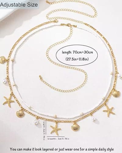 Gold Starfish Waist Chain for Women 2Pcs Adjustable Layered Belly Chain Bohemian Shell Beaded Bikini Body Chain for Beach, Summer Festival, Vacation & Boho Accessories - Thumbnail 6