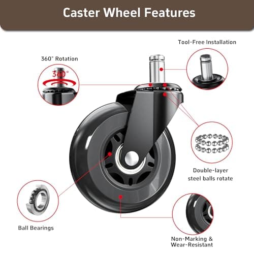 ASHGOOB 3 Inch Office Chair Wheels Set of 5, Heavy Duty Replacement Casters, Smooth Quiet Roll for Hardwood Floor Carpet, Universal 11mm Stem, Non-Marking PU Wheels（Black 5 Pack - Thumbnail 4