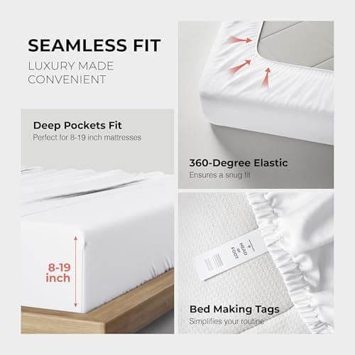 THREAD SPREAD 100% Egyptian Cotton Split King Sheets Sets for Adjustable Bed - Luxury 1200 Series Plush Collection Split Top King Sheets (5 PC, White), Soft, Cooling, 17" Deep Pocket Sheet Set - Thumbnail 6