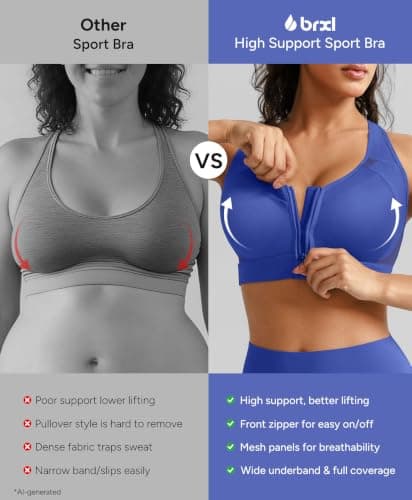 BRXL Front Zipper Sports Bras for Women Sewn in Pads Molded Cup Sports Bra Adjustable Straps Sport Bras Blue XL - Thumbnail 5