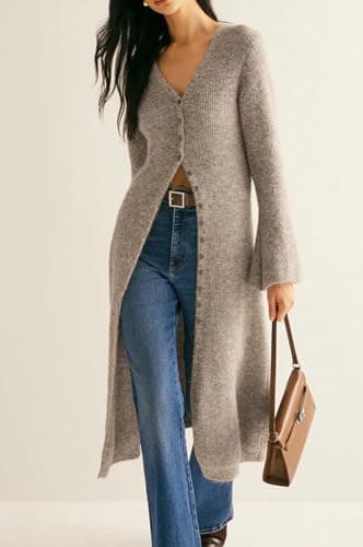 Jenisso Womens V-Neck Button Maxi Cardigan Bell Long Sleeve Open Front Split Breasted Sweater Dress Light Brown - Thumbnail 3