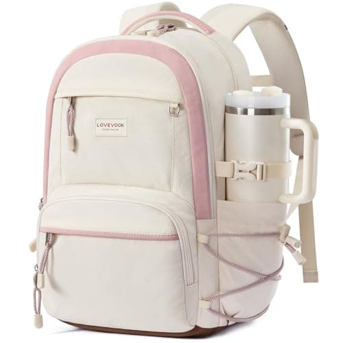 LOVEVOOK School Backpack for Girls, 17 Inch laptop Backpacks with Large Capacity Tumbler Holder, Lightweight College bag for women, Cute Travel Teen Bookbag Purse for Students,Off white-Pink