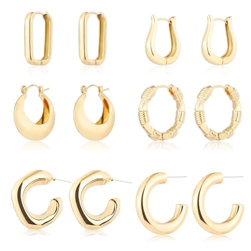 6 Pairs 14K Gold Plated Hoop Earrings for Women Lightweight Chunky Hoop Earrings Multipack Hypoallergenic, Thick Open Twisted Huggie Hoops Earring Set Jewelry for Gifts. (new gold hoops) - Image 1