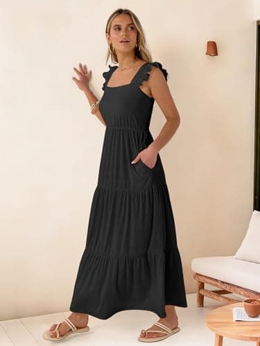 Prinbara Womens Maxi Dress Summer Casual Sleeveless Square Neck Flowy Ruffle Backless Beach 2026 Vacation Boho Long Sundress Black Large - Thumbnail 3