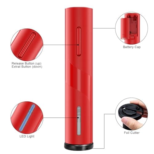 COKUNST Electric Wine Opener, Reusable Cordless Wine Bottle Corkscrew with Foil Cutter, Battery Operated Wine Openers for Wedding Kitchen Party Home Red - Thumbnail 2