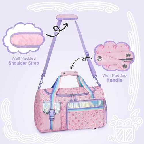 WOOMADA Travel Duffle Bag, Weekend Bag with Wet Pocket & Trolley Sleeve, Gym Dance Bag With Shoe Compartment(Star Pink) - Thumbnail 4