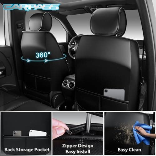 CAR PASS Nappa Leather Seat Covers 2, Waterproof Universal FIT Piping Leather Car seat Covers Front Seats, 3D Foam Front Seat Cover for Cars,SUV,Trucks Airbag Compatible Luxury&Comfort&Durable Black - Thumbnail 2