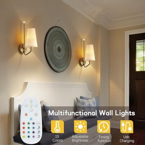 MHSNL Small Battery Operated Wall Sconces,Rechargeable Wall Lights Set of 2 with Remote Dimmable Cordless Battery Sconce Indoor Wall Lamps for Bedroom Living Room Bedside Hallway Stairs Bathroom Gold - Thumbnail 2