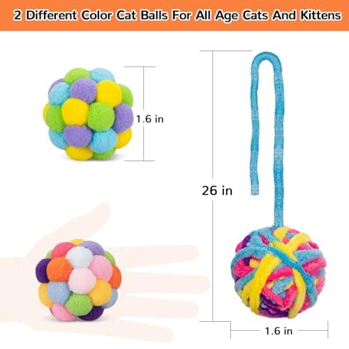 Retro Shaw Cat Toys Balls, 6Pcs Woolen Yarn Cat Ball Toy with Bell Inside, Interactive Kitten Toys for Indoor Cats Kitty, Chew Toys Jingle Pompom Ball with String - Thumbnail 5