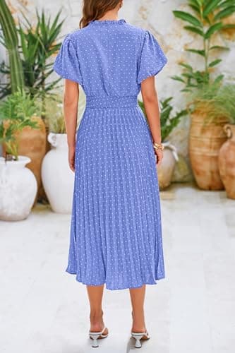 PRETTYGARDEN Summer Dresses for Women Midi Puff Short Sleeve V Neck Swiss Dot Pleated A Line Long Casual Wedding Guest Dress (Light Blue,XX-Large) - Thumbnail 2