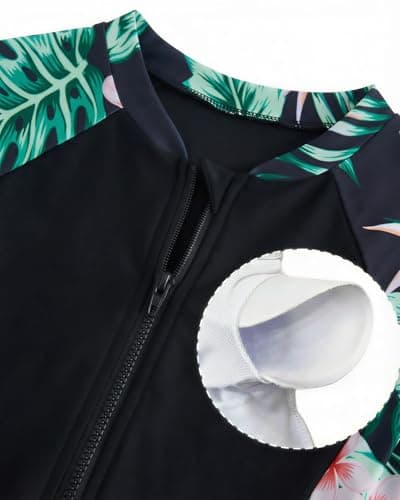 DivingBirds Girls Swimsuit 2 Piece Swim Set Short Sleeve Bathing Suit with Shorts Front Zip Modest Swimwear for Girls 9-10 Years Black Leaves - Thumbnail 4