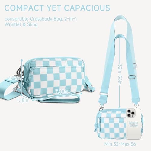 NBERMOTION Checkered Nylon Wristlet Wallets for Women RFID Blocking Purse With Credit Card Holder & Crossbody Strap(Ice Blue) - Thumbnail 3