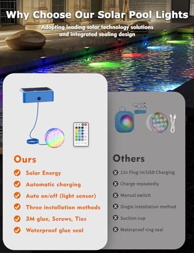 Skairipa Solar Pool Lights, Solar Powered Submersible LED Lights with Remote IP68 Waterproof Swimming Pool Lights 16 Colors Underwater Pool Lights for Above Ground Inground Pool, Pond (Blue, 2 Pack) - Thumbnail 5