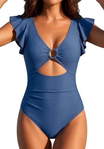 SOCIALA Swim Suits for Women Bathing Suits Tummy Control Swimsuits Ruffle Sexy One Piece Swimsuit Cutout Swimwear Blue S - Image 1