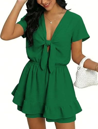Angashion Womens Summer Casual Shorts Romper: Short Sleeves V Neck Tie Front Romper Elastic Waistband Layer Ruffle Hem Romper Dress with Pockets Green Small - Image 1