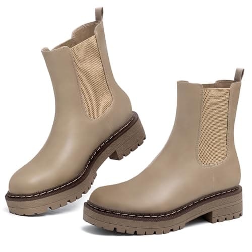 Athlefit Chelsea Boots Women Platform Ankle Boots for Women Lug Sole Round Toe Fashion Low Heel Short Booties Khaki Size 8.5 - Thumbnail 5