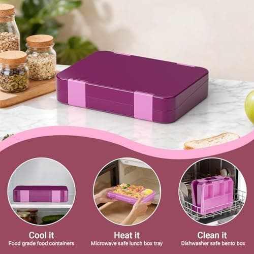 Sxueg Bento Lunch Box for Kids, 4 Compartments Kids Leak Proof Bento Lunch Boxes Food Containers for School, Travel, On-the-Go Meal, Food Grade, Microwave, Dishwasher Safe Rose Red - Thumbnail 5