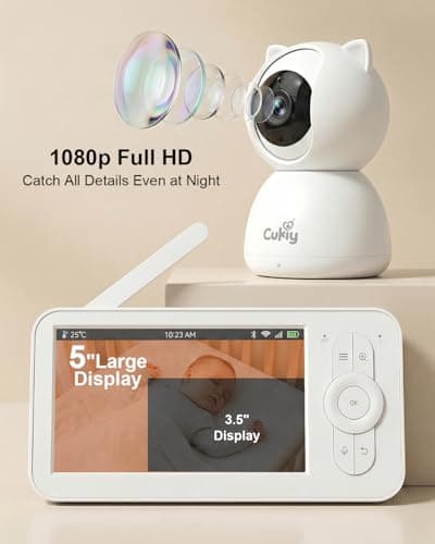 CUKIY Baby Monitor with Camera and Audio, 5" Video Baby Monitor No WiFi, Secure FHSS Connection, Night Vision, 2-Way Talk, VOX Cry Detection, Temperature Sensor, Lullabies, Indoor - Thumbnail 2