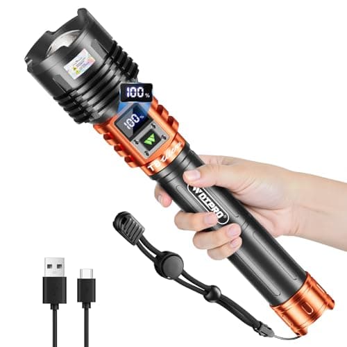 Wdtpro Rechargeable LED Flashlights High Lumens, Super Bright 90,000LM Rechargeable Flashlight with LCD Display, 5 Modes & Waterproof Powerful 10000mAh Handheld Flashlight for Camping Emergency Orange - Image 1