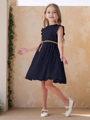 ALLOVIN Toddler and Girls Vintage Boho A-Line Lace Dress with Belt Pom Pom Trim Birthday Party Dress | Navy Blue | 3-4T - Thumbnail 5