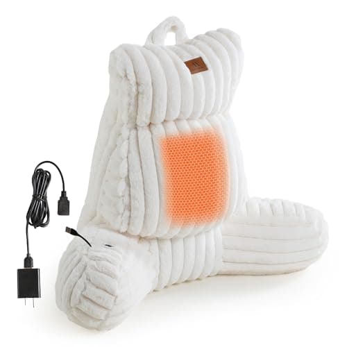 Amélie Home Heated Faux Fur Reading Pillow 3 Temperature Backrest for Sitting in Bed Support Cushion, USB-Powered(No Power Bank Included) Warming (113°F-131°F), 3H Auto Shutoff, Ivory, 22 Inches
