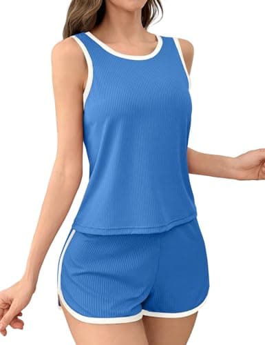 JUSTFASHIONNOW Women's 2-Piece Contrast Trim Pajama Set - Casual Tank Top & Shorts, Soft Ribbed Loungewear(Dusty Blue X-Large) - Image 1