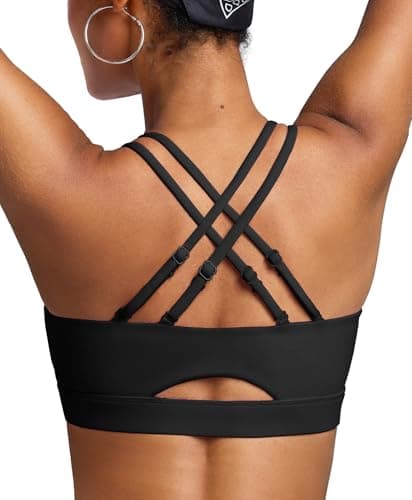 BRXL Strappy Sports Bras with Sewn in Pads Adjustable Spaghetti Strap Padded Cross Back Cut Out Yoga Workout Gym Black