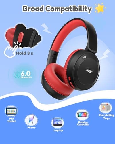 acer Kids Bluetooth Headphones, 85/94dB Volume Limiter, Foldable Wireless Over-Ear Headphones for iPad, Travel, 60H Playtime, Bluetooth 6.0, Built-in Mic, Black Red, OHR668 - Thumbnail 6