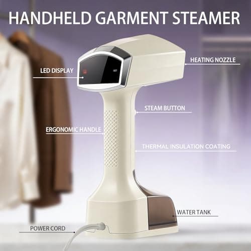 DURASHUN Handheld Garment Steamer for Clothes, 2-in-1 Steamer Iron with LED Display, 1400W Fast Heating, 15s Preheat, 3-Speed Steam, 350ML Removable Tank, for All Fabrics & Multi-Scenario Use (Beige) - Thumbnail 2