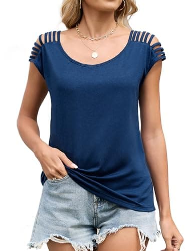 JUSTFASHIONNOW Womens Off The Shoulder Shirts Cap Sleeve Tops Cute Summer Blouses Trendy Casual Loose Fit T Shirt Going Out Tops (Navy Blue,Small) - Thumbnail 5
