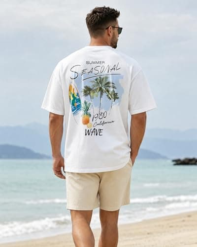 Mens Graphic T-Shirts Short Sleeve Surf Print Summer Top Crewneck Cotton Casual WAVERIDER Tees for Men - Thumbnail 6