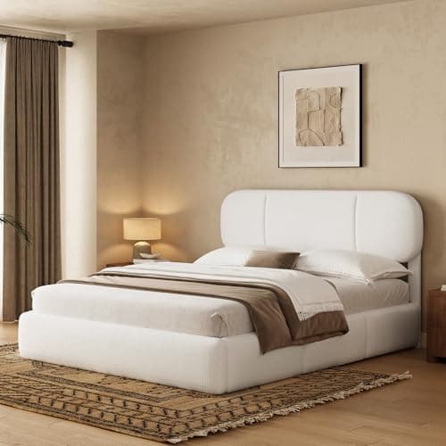 Uteeran Queen Size Bed Frame with Storage, Boucle Cloud Bed with 4 Locking Drawers & LED Lights, Modern Upholstered Platform Bed, Plush Sides & Footboard, Adjustable Headboard, No Box Spring, White - Image 1
