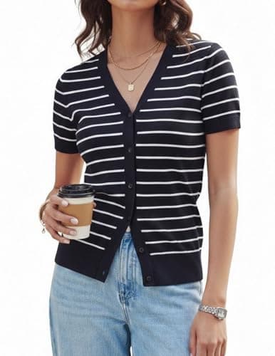 GRACE KARIN Short Sleeve Striped Sweaters for Women Trendy 2026 Summer Tops V Neck Button Up Causal Dressy(Black White Striped,S) - Image 1