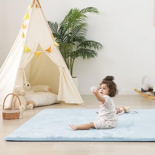 PAPAMAT 1.5" Thick Baby Play Mat for Floor, 50x50 Playpen Mat, Pro Soft Flannel Foam Mats Toddler Infant Kids Crawling for Nursery Rug Playroom Living Room Waterproof Easy Care Non-Slip (Baby Blue) - Thumbnail 6