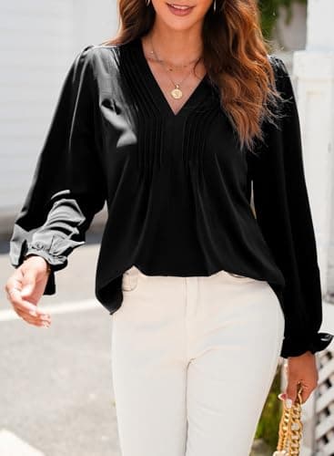 Dokotoo Womens Blouse Casual Basic Pleated Tops Long Puff Sleeve Fall Blouses Sexy V-Neck Loose Fit Black Shirt for Women 2026 Fashion Business Outifits Medium - Thumbnail 3