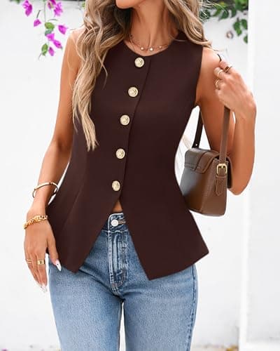 BTFBM Summer Sleeveless Blazer Vest For Women Dressy Button Down Round Neck Business Casual Outfits Work Suit Vests Tops(Brown, XX-Large) - Thumbnail 2