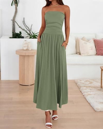 BTFBM Summer Maxi Dresses for Women 2026 Strapless Ruched Tube Top Beach Vacation Spring Wedding Guest Dress Pockets(Green, X-Large) - Thumbnail 6