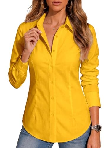 BBIBBI Button Down Shirts for Women Shirt Blouse Long Sleeve Up Womens Work Tops Blouses Outfits Office Business Casual Golden Yellow Size XL - Image 1