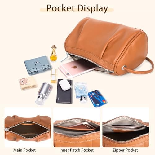Soft Real Leather Hobo for Women Brown Designer Small Barrel Crossbody Purse for Weekend Errands Coffee Dates Casual Outings & Market - Thumbnail 5