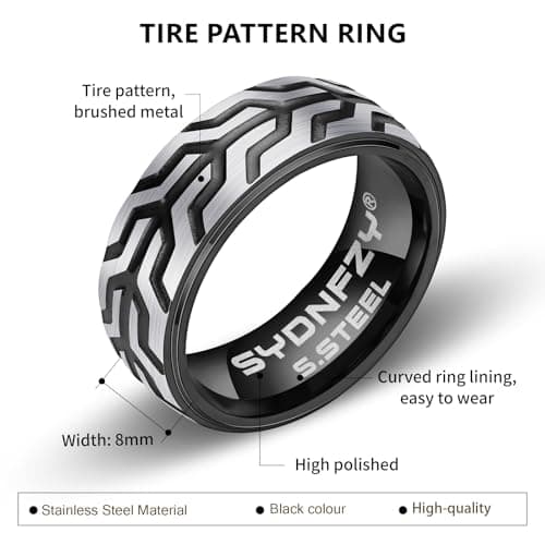SYDNFZY Mens Wedding Band Ring - 8mm Fashion Classic Stainless Steel Engagement Promise Rings for Men Women, Cool Tire Tread Pattern Ring for Men Biker Bands Comfort Fit Jewelry Gift Ring Size 6 7 8 9 10 11 - Thumbnail 2