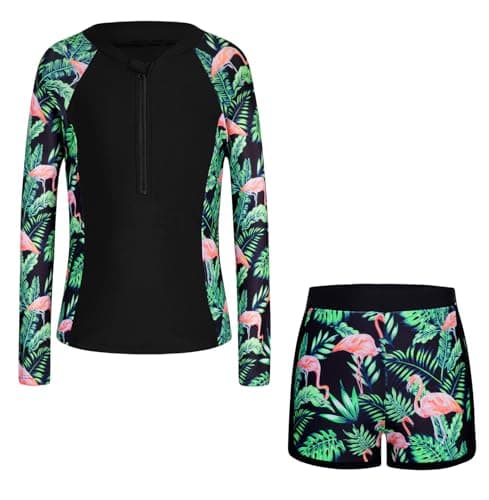 Dolxico Girls Rash Guard Swimsuits 2 Piece Long Sleeve Bathing Suits UPF 50+ Half Zip Printed Boyshorts for Tweens Girls' Summer Swimwear Size 9-10 Years(Flamingo) - Thumbnail 5