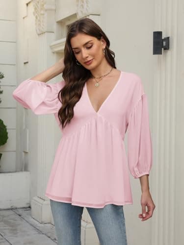 Aotasely Women's Flowy Peplum Babydoll Tops 3/4 Length Puff Sleeve Shirts Trendy Casual Loose Fit Blouse V Neck Outfits Pink - Thumbnail 3