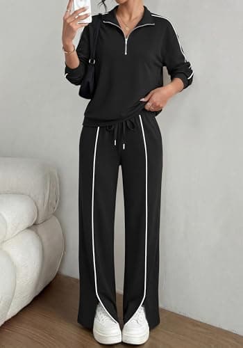 BTFBM Two Piece Sets for Women Fall Fashion 2026 Long Sleeve Half Zip Lounge Set Wide Leg Pants Vacation Airport Outfits (Black,Small) - Thumbnail 4