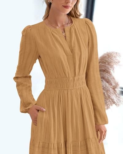 BTFBM Spring Dresses for Women 2026 Casual Long Sleeve V Neck Elastic Waist Lightweight Maxi Wedding Guest Dress Pockets(Khaki, Large) - Thumbnail 5