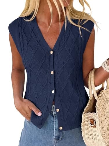 BTFBM Sweater Vest Women V Neck Cap Sleeve Button Down Knit Tops Spring Summer 2026 Loose Lightweight Cardigan Vests(Navy Blue, XX-Large) - Image 1