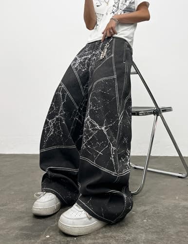 Men's Y2k Baggy Jeans Wide Leg Skater Pants Loose Fit Denim Pantalones Loose Long Trousers Streetwear Rock Black - Thumbnail 5
